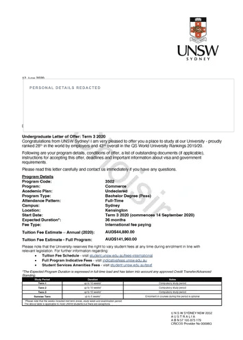 新南威尔士大学 Bachelor of Commerce 真实录取通知书