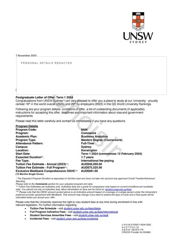 新南威尔士大学 Master of Business Analytics 真实录取通知书