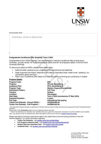新南威尔士大学 Master of PR and Advertising 真实录取通知书