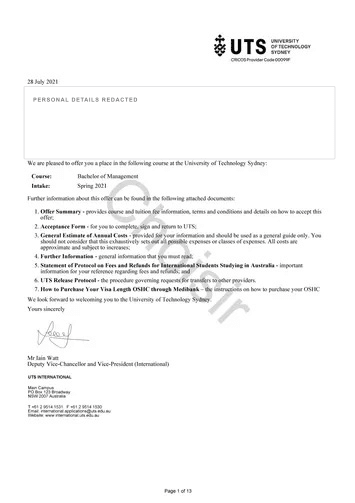 悉尼科技大学 Bachelor of Management 真实录取通知书